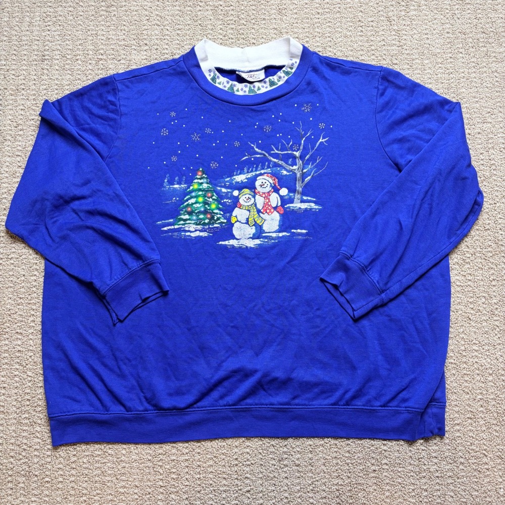 Vintage Blue Sweatshirt XL Christmas Tree Double Collar